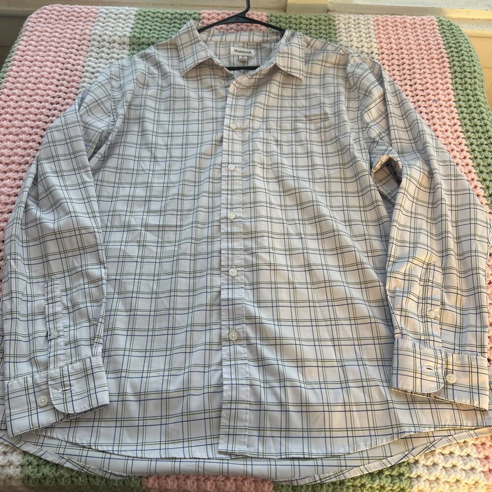 Haggar button down Dress shirt Men’s XL White With Blue Green Stripes LS